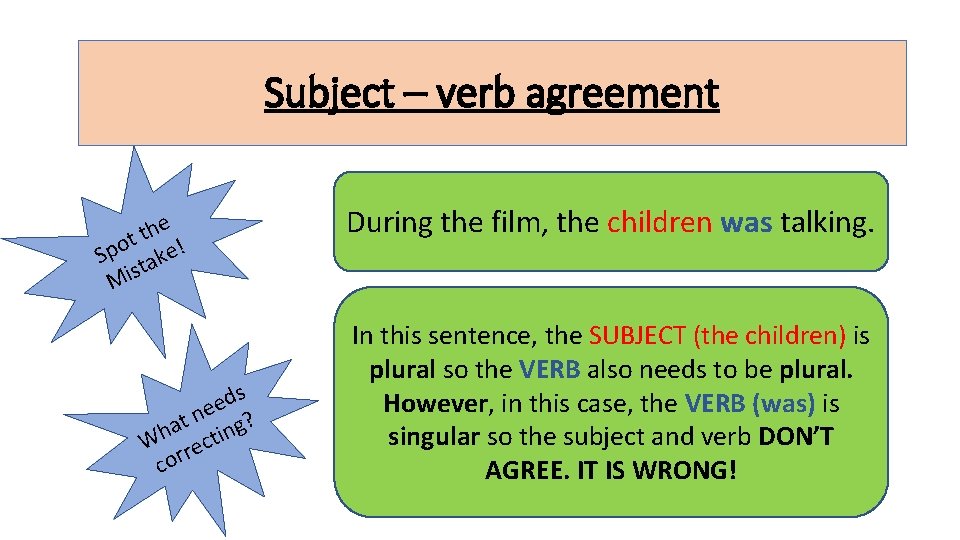 Subject – verb agreement e h t t o p S take! Mis s
