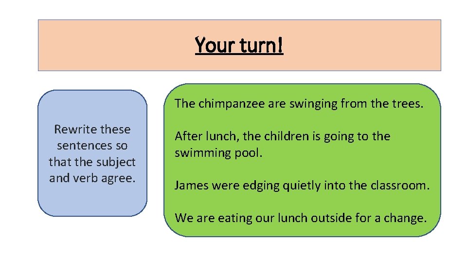 Your turn! The chimpanzee are swinging from the trees. Rewrite these sentences so that