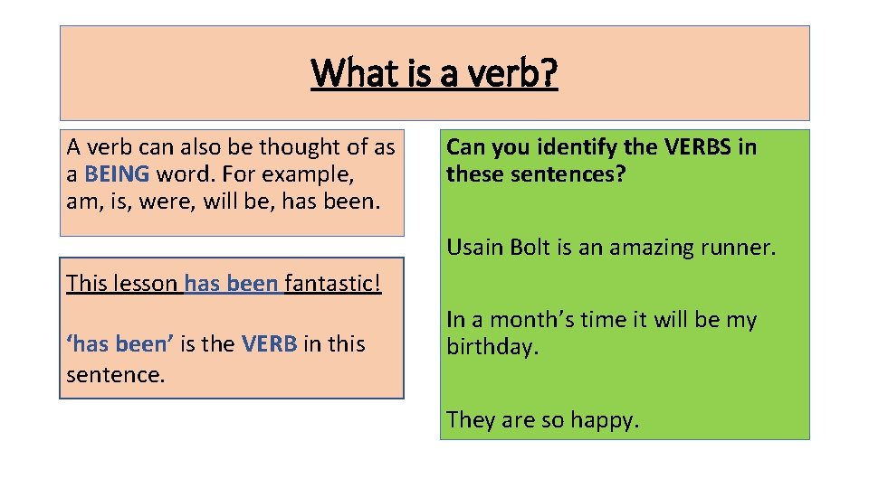 What is a verb? A verb can also be thought of as a BEING