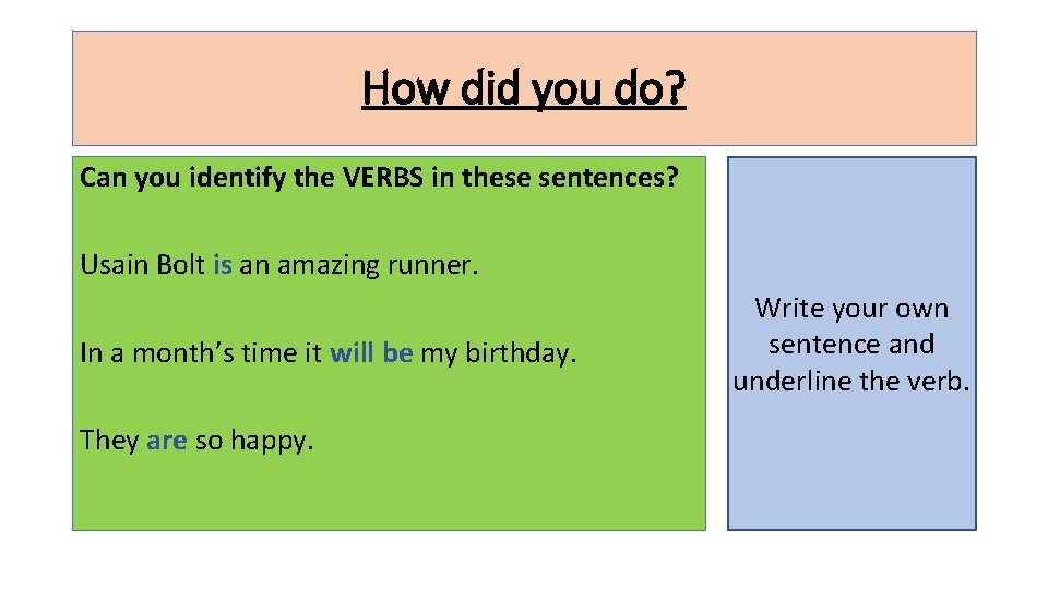 How did you do? Can you identify the VERBS in these sentences? Usain Bolt