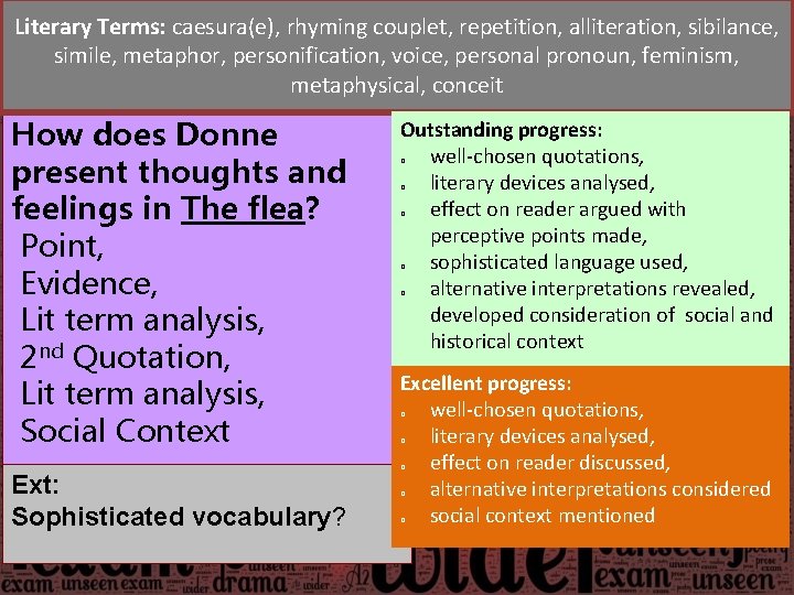 Literary Terms: caesura(e), rhyming couplet, repetition, alliteration, sibilance, simile, metaphor, personification, voice, personal pronoun,