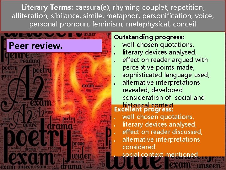 Literary Terms: caesura(e), rhyming couplet, repetition, alliteration, sibilance, simile, metaphor, personification, voice, personal pronoun,