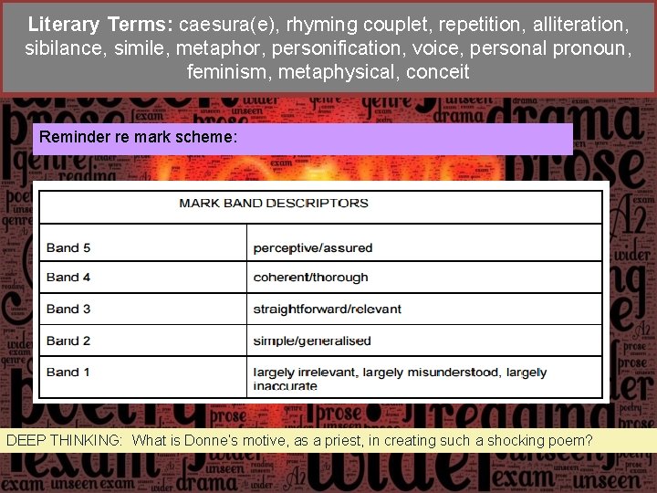 Literary Terms: caesura(e), rhyming couplet, repetition, alliteration, sibilance, simile, metaphor, personification, voice, personal pronoun,
