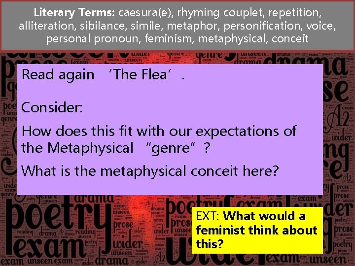 Literary Terms: caesura(e), rhyming couplet, repetition, alliteration, sibilance, simile, metaphor, personification, voice, personal pronoun,