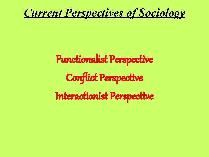 Current Perspectives of Sociology Functionalist Perspective Conflict Perspective Interactionist Perspective 