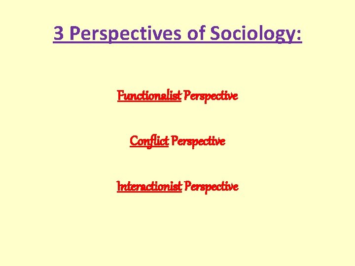 3 Perspectives of Sociology: Functionalist Perspective Conflict Perspective Interactionist Perspective 