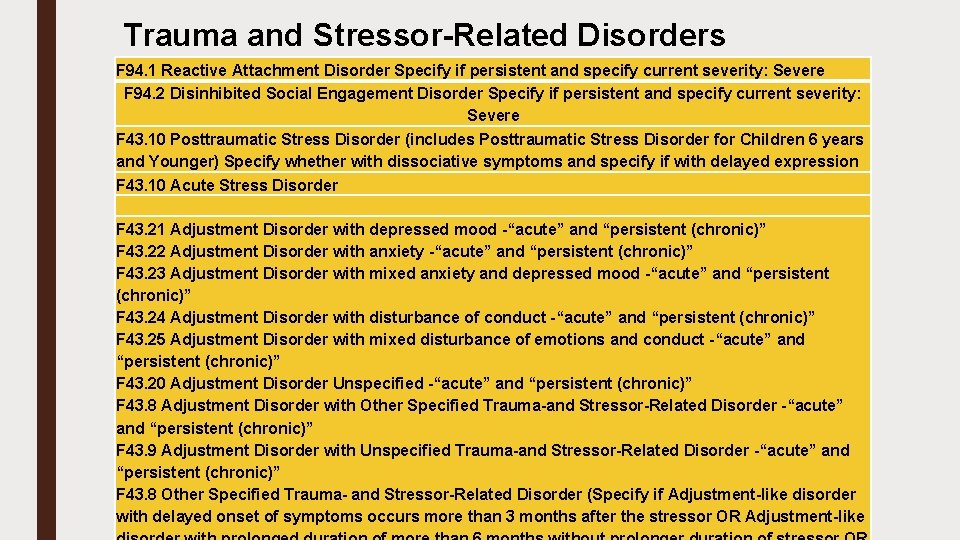 Trauma and Stressor-Related Disorders F 94. 1 Reactive Attachment Disorder Specify if persistent and