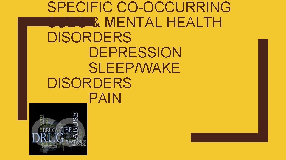 SPECIFIC CO-OCCURRING SUDS & MENTAL HEALTH DISORDERS DEPRESSION SLEEP/WAKE DISORDERS PAIN 
