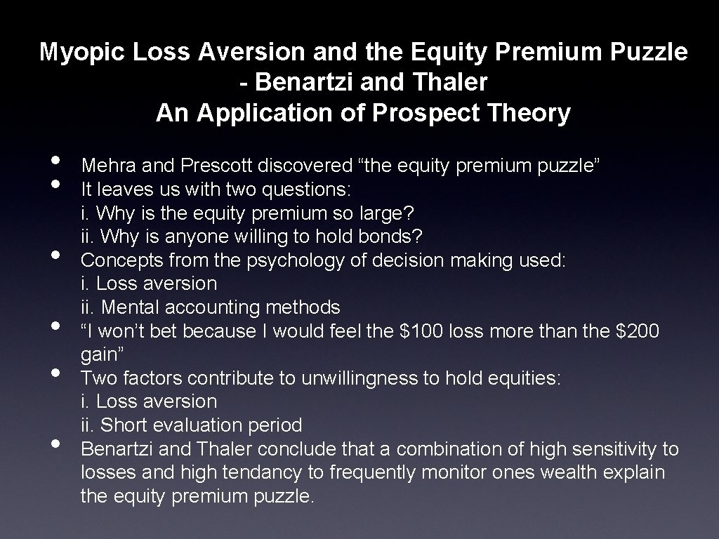 Myopic Loss Aversion and the Equity Premium Puzzle - Benartzi and Thaler An Application