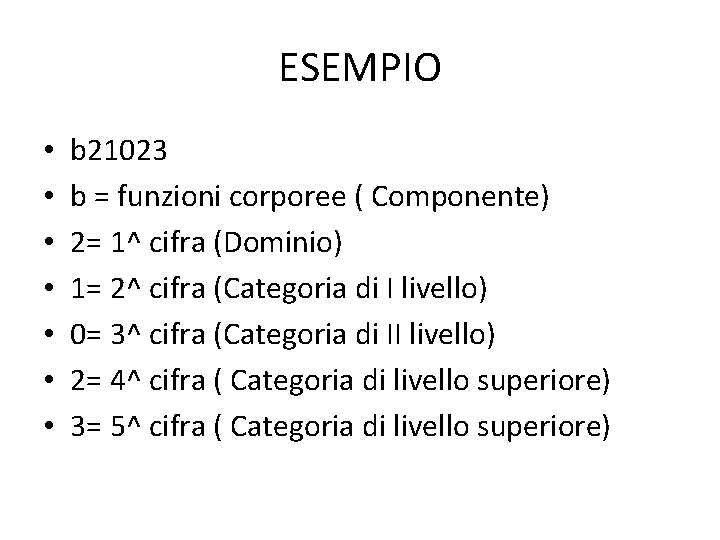 ESEMPIO • • b 21023 b = funzioni corporee ( Componente) 2= 1^ cifra