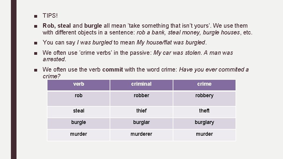 ■ TIPS! ■ Rob, steal and burgle all mean ’take something that isn’t yours’.
