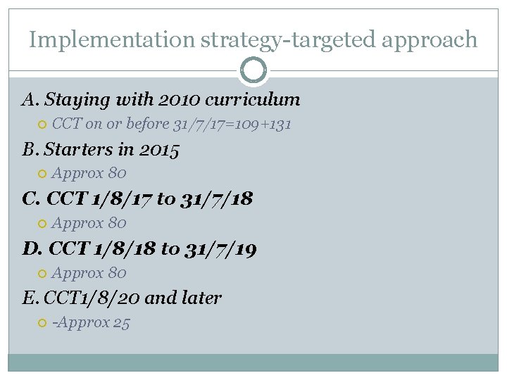 Implementation strategy-targeted approach A. Staying with 2010 curriculum CCT on or before 31/7/17=109+131 B.