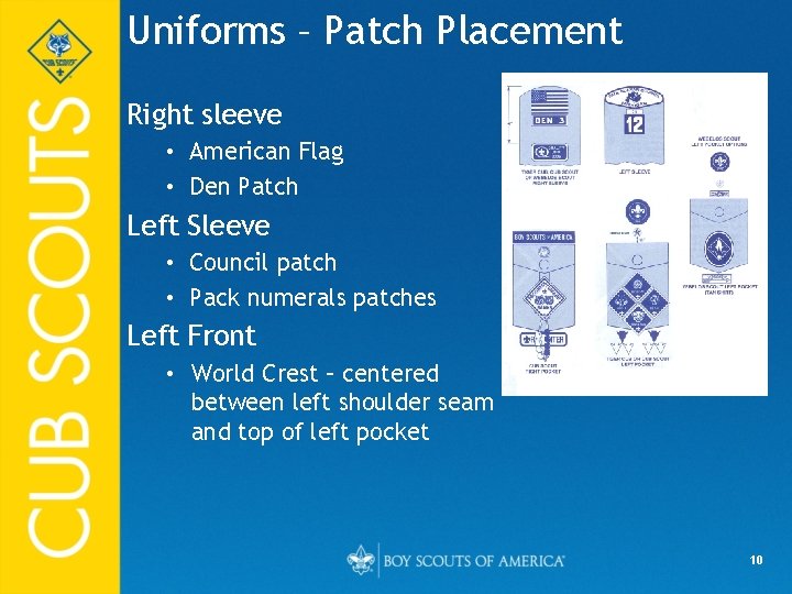 Uniforms – Patch Placement Right sleeve • American Flag • Den Patch Left Sleeve
