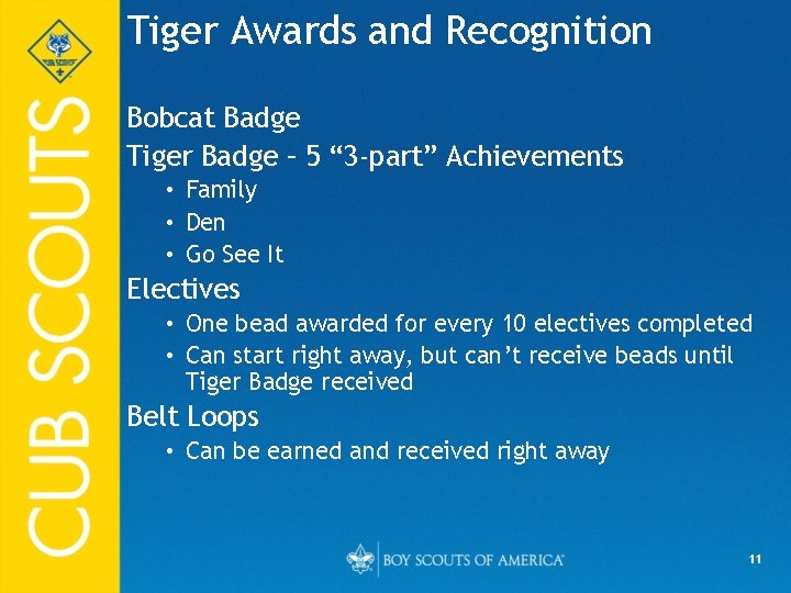 Tiger Awards and Recognition Bobcat Badge Tiger Badge – 5 “ 3 -part” Achievements