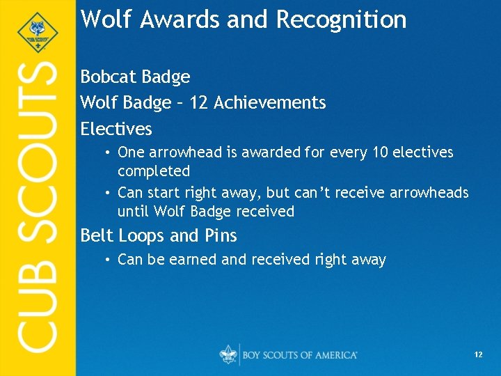Wolf Awards and Recognition Bobcat Badge Wolf Badge – 12 Achievements Electives • One