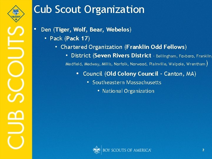 Cub Scout Organization • Den (Tiger, Wolf, Bear, Webelos) • Pack (Pack 17) •