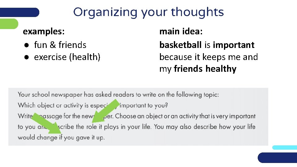 Organizing your thoughts examples: ● fun & friends ● exercise (health) main idea: basketball
