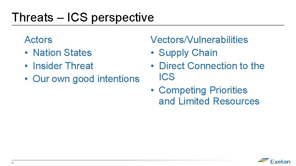 Threats – ICS perspective Actors • Nation States • Insider Threat • Our own