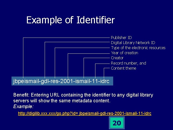 Example of Identifier Publisher ID Digital Library Network ID Type of the electronic resources