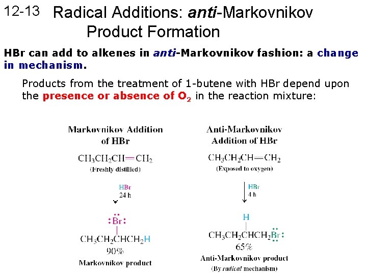 12 -13 Radical Additions: anti-Markovnikov Product Formation HBr can add to alkenes in anti-Markovnikov