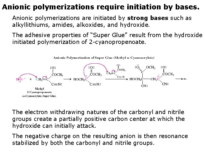Anionic polymerizations require initiation by bases. Anionic polymerizations are initiated by strong bases such