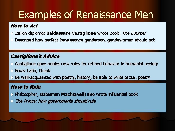Examples of Renaissance Men How to Act l Italian diplomat Baldassare Castiglione wrote book,
