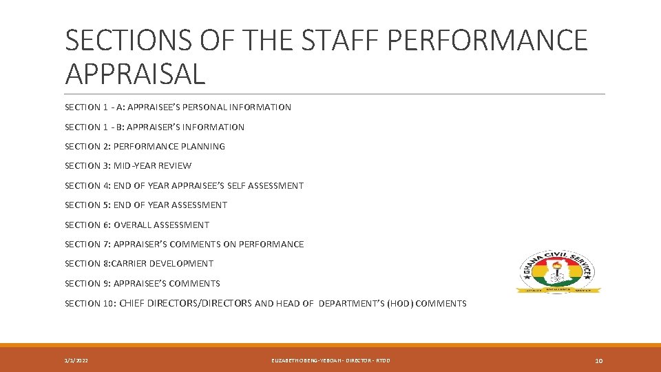 SECTIONS OF THE STAFF PERFORMANCE APPRAISAL SECTION 1 - A: APPRAISEE’S PERSONAL INFORMATION SECTION