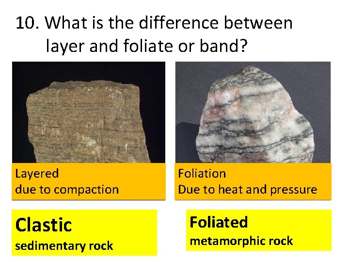 10. What is the difference between layer and foliate or band? Layered due to