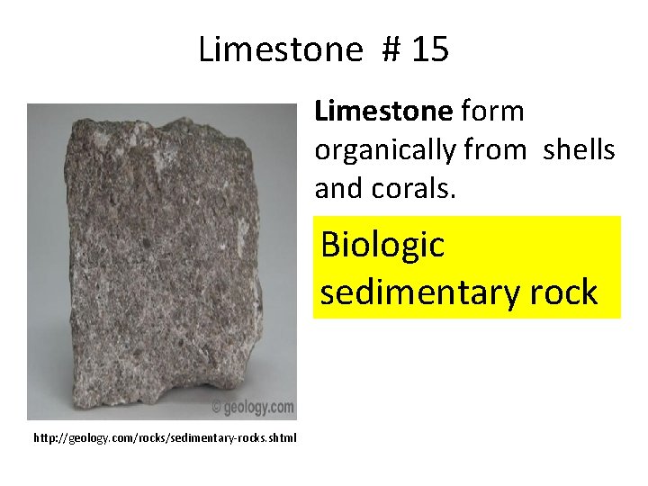 Limestone # 15 Limestone form organically from shells and corals. Biologic sedimentary rock http: