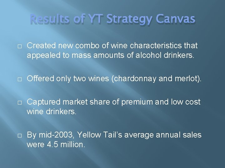 Results of YT Strategy Canvas � Created new combo of wine characteristics that appealed