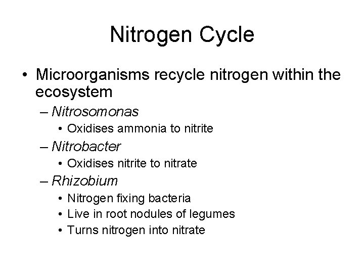 Nitrogen Cycle • Microorganisms recycle nitrogen within the ecosystem – Nitrosomonas • Oxidises ammonia