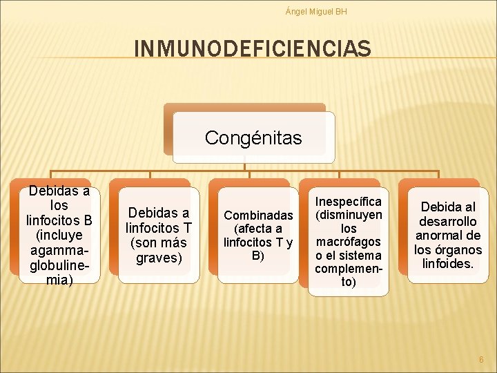 Ángel Miguel BH INMUNODEFICIENCIAS Congénitas Debidas a los linfocitos B (incluye agammaglobulinemia) Debidas a