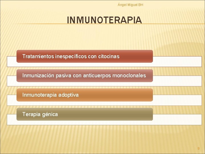 Ángel Miguel BH INMUNOTERAPIA Tratamientos inespecíficos con citocinas Inmunización pasiva con anticuerpos monoclonales Inmunoterapia