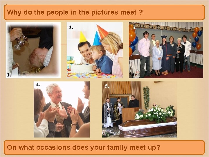 Why do the people in the pictures meet ? 2. 3. 1. 4. 5.