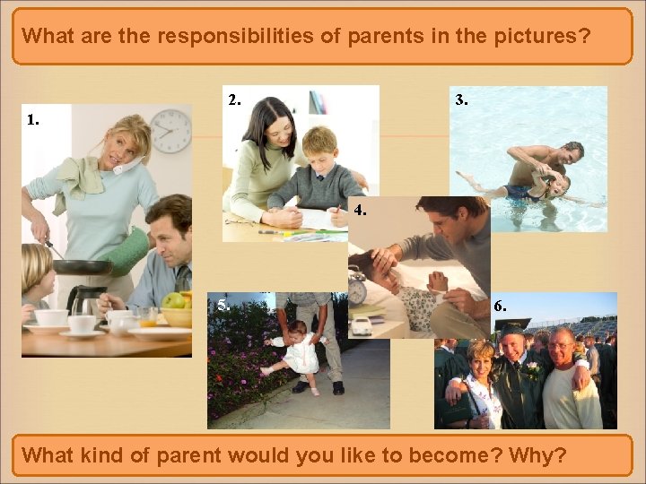 What are the responsibilities of parents in the pictures? 2. 1. 3. 4. 5.