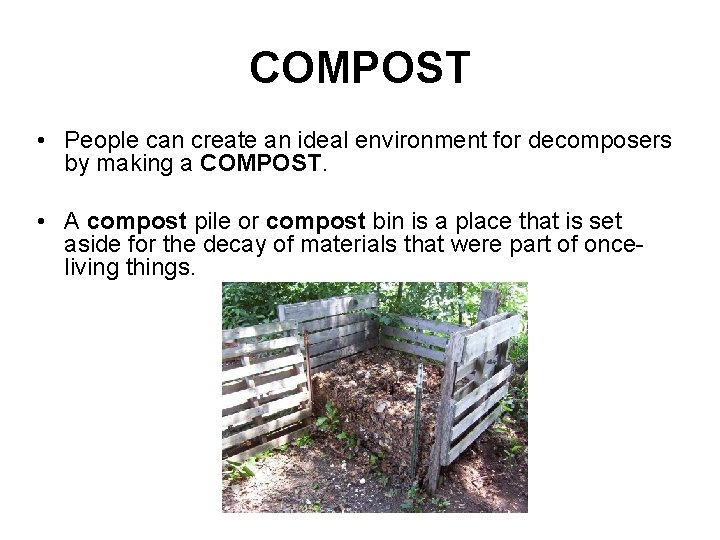 COMPOST • People can create an ideal environment for decomposers by making a COMPOST.