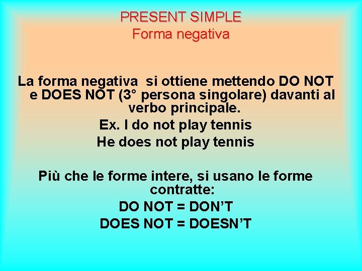 PRESENT SIMPLE Forma negativa La forma negativa si ottiene mettendo DO NOT e DOES