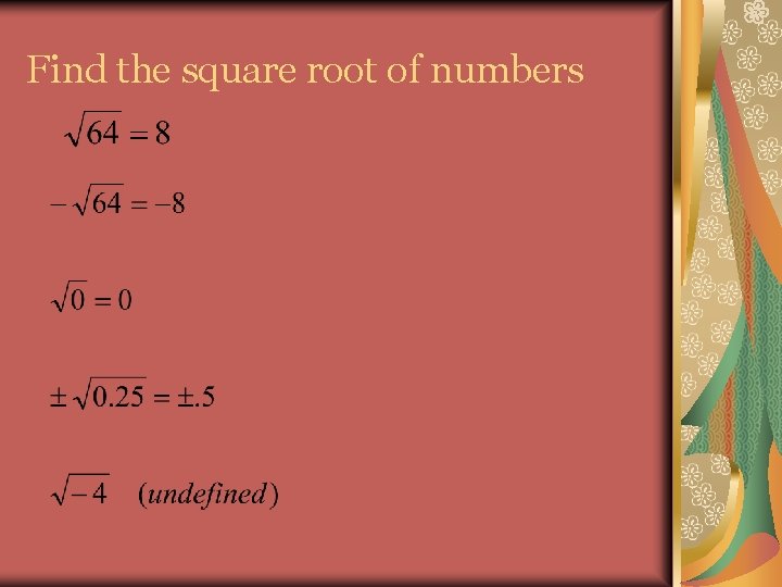 Find the square root of numbers 