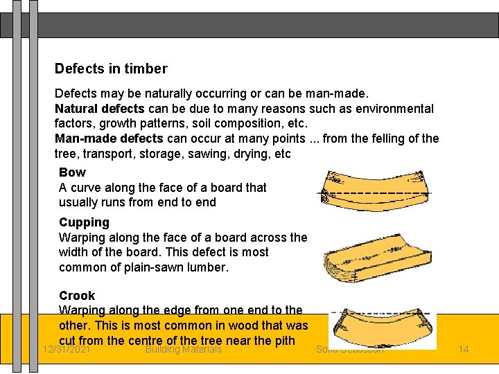 Defects in timber Defects may be naturally occurring or can be man-made. Natural defects