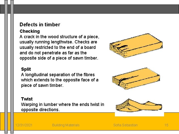 Defects in timber Checking A crack in the wood structure of a piece, usually
