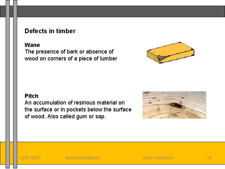Defects in timber Wane The presence of bark or absence of wood on corners