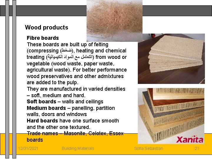 Wood products Fibre boards These boards are built up of felting (compressing ( )ﺿﻐﻂ