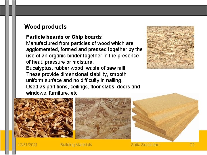 Wood products Particle boards or Chip boards Manufactured from particles of wood which are