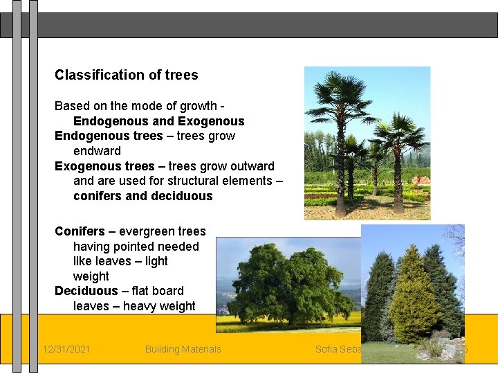 Classification of trees Based on the mode of growth Endogenous and Exogenous Endogenous trees