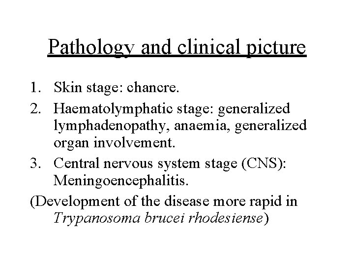 Pathology and clinical picture 1. Skin stage: chancre. 2. Haematolymphatic stage: generalized lymphadenopathy, anaemia,