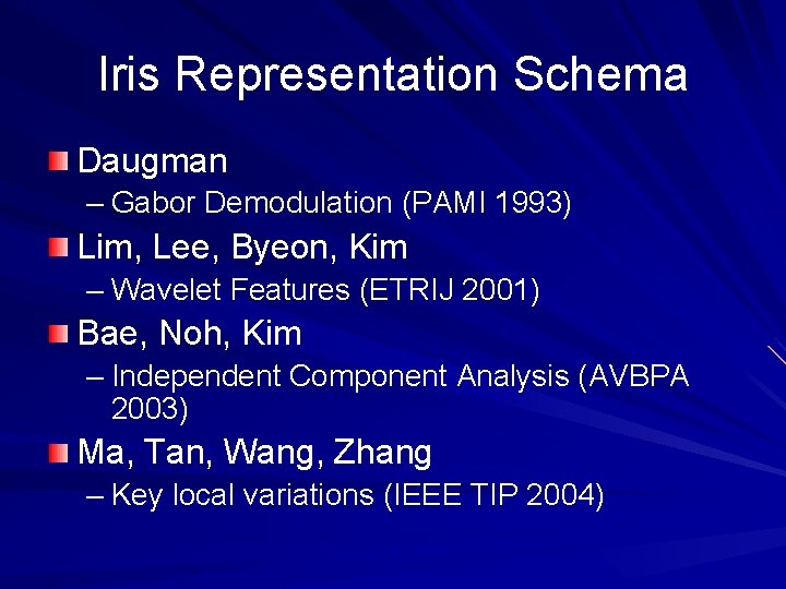 Iris Representation Schema Daugman – Gabor Demodulation (PAMI 1993) Lim, Lee, Byeon, Kim –