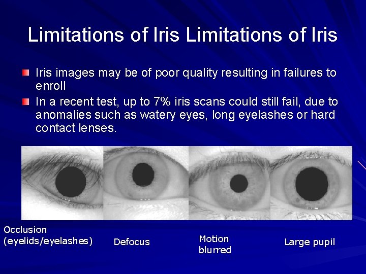 Limitations of Iris images may be of poor quality resulting in failures to enroll