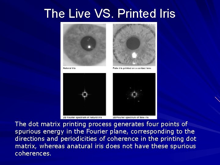 The Live VS. Printed Iris The dot matrix printing process generates four points of
