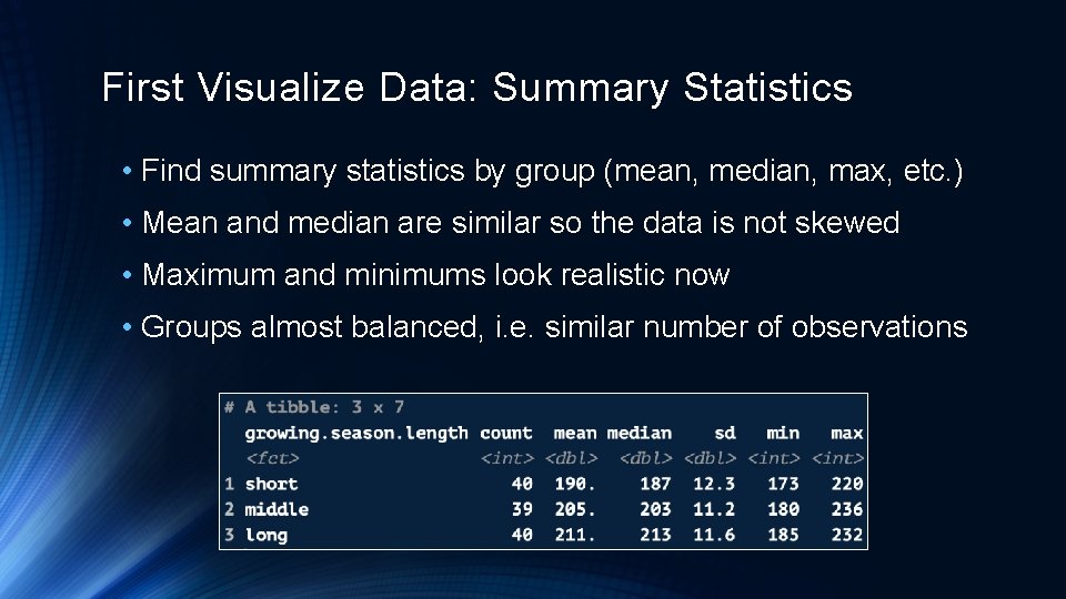 First Visualize Data: Summary Statistics • Find summary statistics by group (mean, median, max,