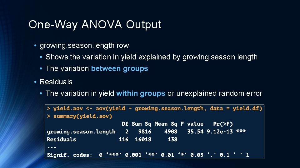 One-Way ANOVA Output • growing. season. length row • Shows the variation in yield
